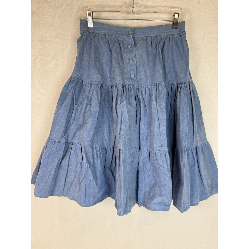 1849‎ Authentic Ranchwear Chambray Tiered Skirt Blue Button Western Boho Rodeo